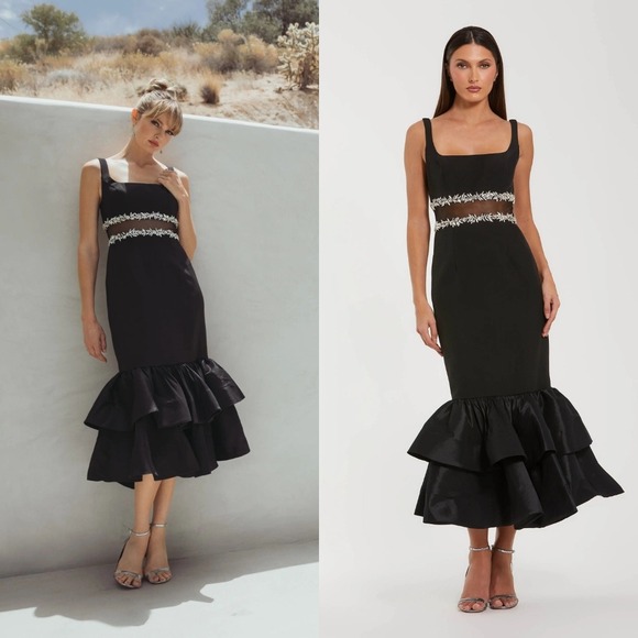 Mac Duggal Dresses & Skirts - NWT Mac Duggal Black‎ Crepe Ruffle Hem Midi Dress With Jewel Detail - Size 8